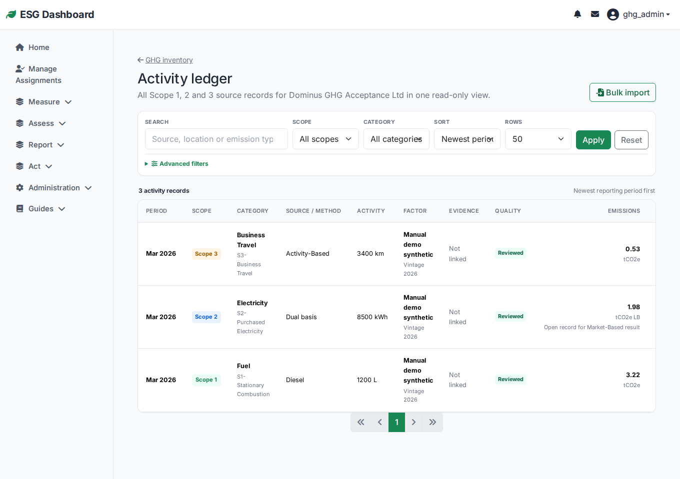 Activity ledger listing Scope 1, 2 and 3 records with factor, evidence and quality columns
